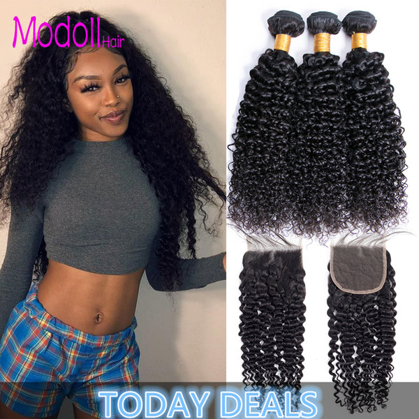 Malaysian Curly Human Hair Bundles With Closure 4*4 Lace Free Part Human Hair Weave 3 Bundles With Closure 4pcs/Lot Human Hair Bundles