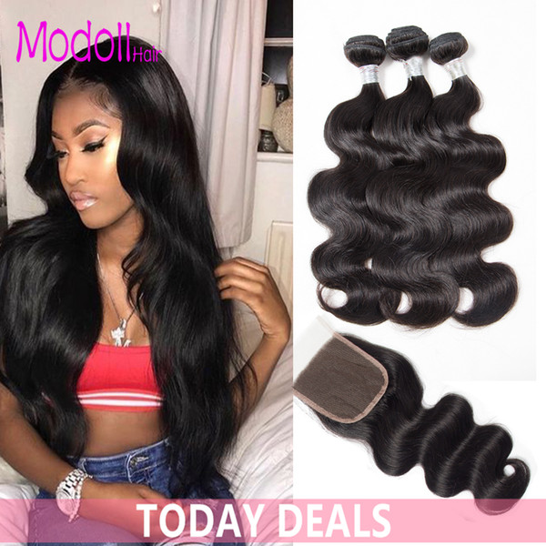 3/4 Bundles Brazilian Body Wave With 4x4 Lace Closure Double Weft Brazilian Unprocessed Remy Human Hair Bundles With Closure