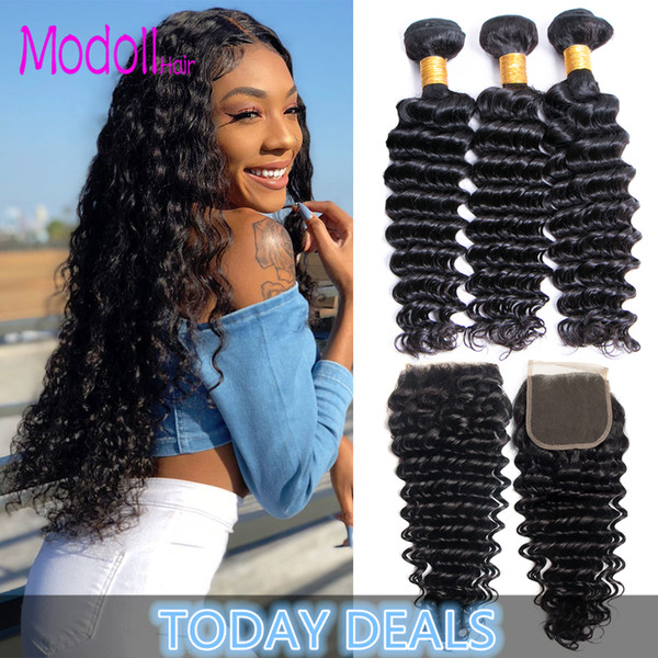 Indian Deep Wave Virgin Hair Bundles With Closure Remy Human Hair 3/4 Bundles With Lace Closure Indian Unprocessed Hair Weave Bundles