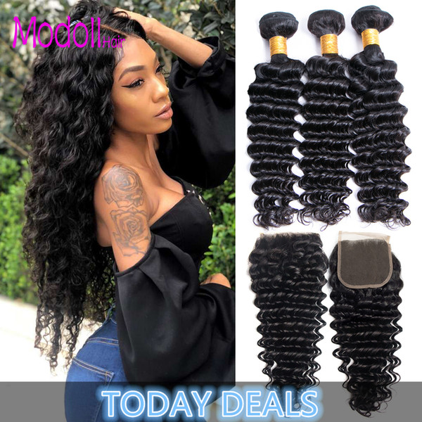 Malasian Deep Wave Virgin Hair With Closure Remy Human Hair 4/3 Bundles With Closure Malasian Deep Wave Bundles With Closure