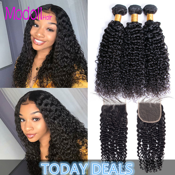 Kinky Curly Human Hair Bundles With Closure 9A Peruvian Hair Remy Lace Closure With Bundles Extensions Human Hair 3/4 Bundles With Closure