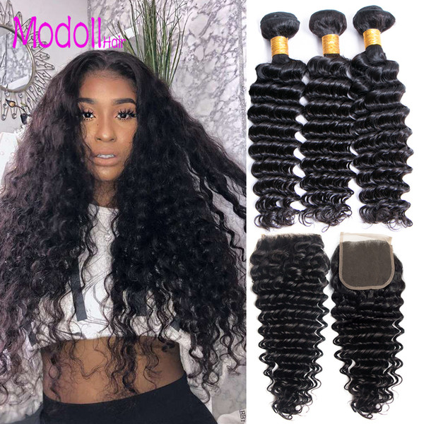 Malasian Deep Wave Hair 4 Bundles With 4x4 Lace Closure Raw Malasian Remy Human Hair Bundles With Closure Free/Middle/Three Part Closures