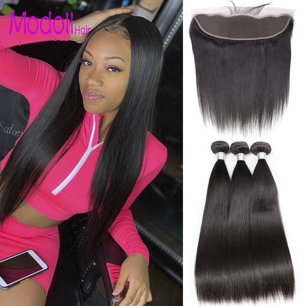 Brazilian Straight Human Hair Bundles With Lace Frontal Brazilian Virgin Hair Bundles with Closures Grade 9A 30 inch Bundles With Frontal