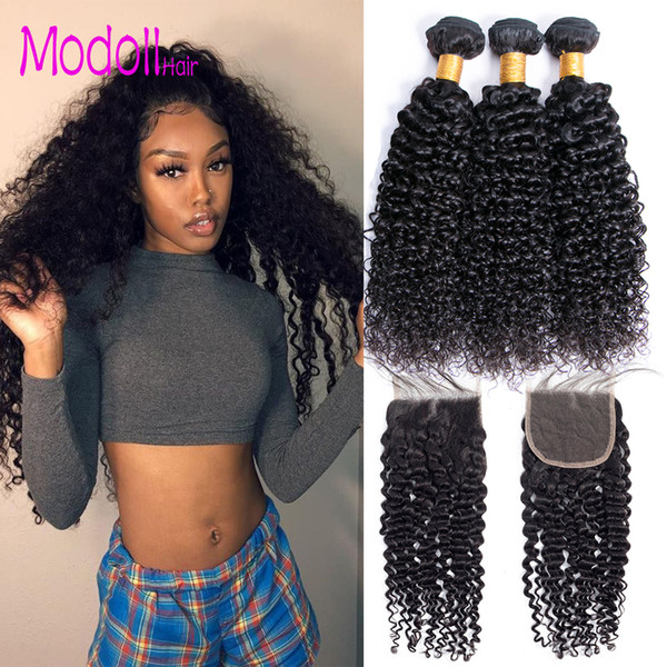 Peruvian Curly Human Hair Weave 3/4 Bundles With Lace Closure Free Part Kinky Curly Human Hair Bundles With Closure remy Hair