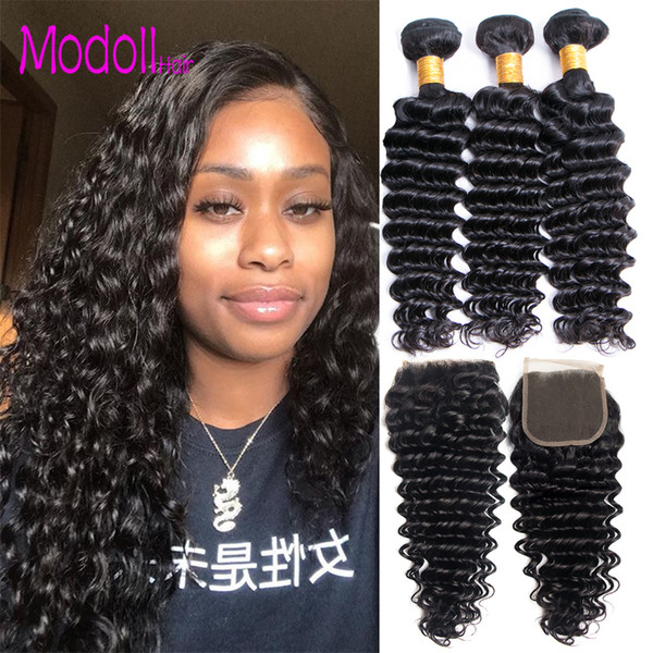 Malasian Deep Wave Virgin Hair Weave Bundles With Closure 3/4 Bundle With Lace Closure Remy Human Hair Deep Wave Bundles With Closure