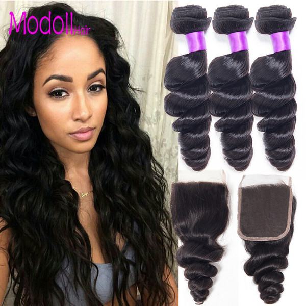 Peruvian Loose Wave Virgin Hair Bundles With Closure 100 Human Hair 3 Bundles With Middle Parting Lace Closure Virgin Hair Extension 4Pc Lot