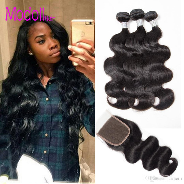 Indian Human Hair Body Wave Bundles With Closures 10A Grade Raw Virgin Indian Unprocessed Body Wave Hair 3/4 Bundles With lace Closures