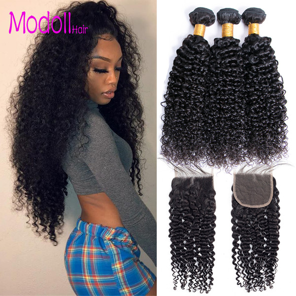 Malaysian Curly Human Hair With Closure 3/4 Bundles With Closure Malaysian Virgin Hair Bundles With Closure Natural Color DHgate Remy Hair