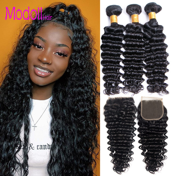 Brazilian Wet And Wavy Human Hair Deep wave Bundles with Closure Brazilian Virgin Human Hair Natural Color 100% Remy Weave with Closures