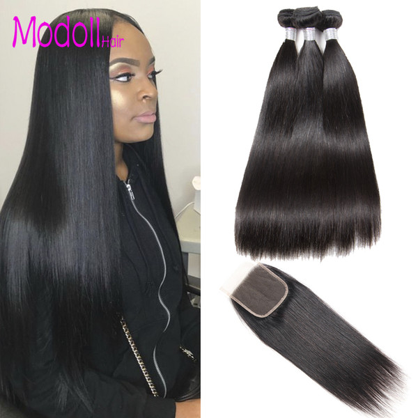 Brazilian Straight Hair Bundles With Closure 4 Pcs Natural Color Hair Weave 8-28 30 32 Inch Remy Human Hair 3 Bundles With Closure