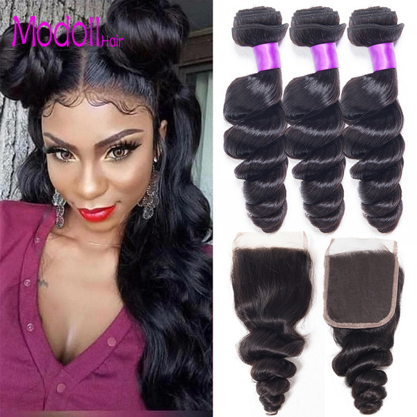 Peruvian Loose Wave 3 Bundles Human Hair With Lace Closure 4*4 Free Middle Part Natural Color Loose Wave Remy Virgin Hair With Closure