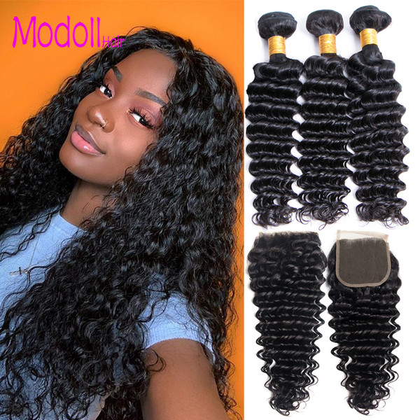 Peruvian Wet And Wavy Human Hair Deep Wave Bundles with Closure 9A Peruvian Virgin Human Hair Natural Color 100% Remy Weave with Closures