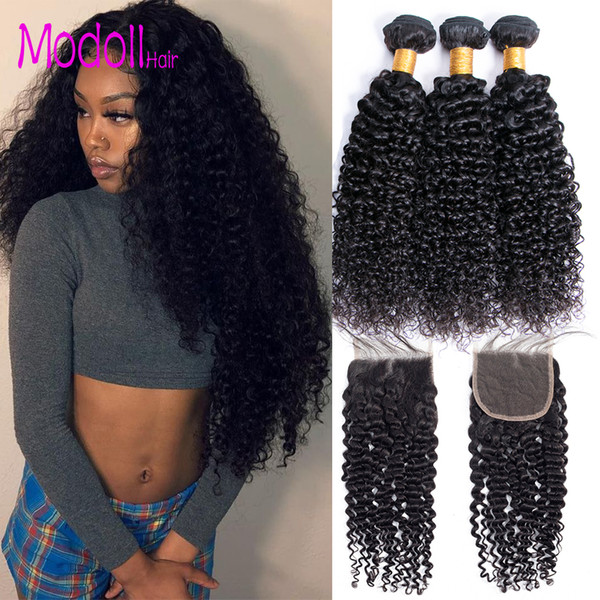 Malaysian Curly Weave Human Hair Bundles With Closure 3/4 Bundles and 1 Closure DHgate Remy Hair Natural Color