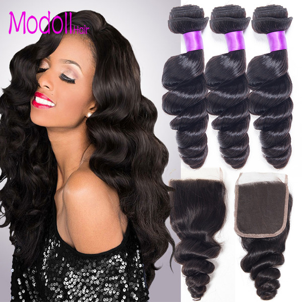 Brazilian Virgin Hair Loose Weave Bundles With Lace Closure Remy Human Hair 3 Bundle Deals 4 Pcs/Lot Loose Wave Bundles With Closure