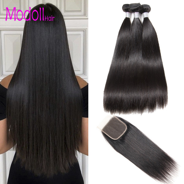 Brazilian Straight Virgin Hair Bundles With Closure 3/4 Bundles With Closure 9A Human Hair Bundles with Closure Modoll Remy Hair