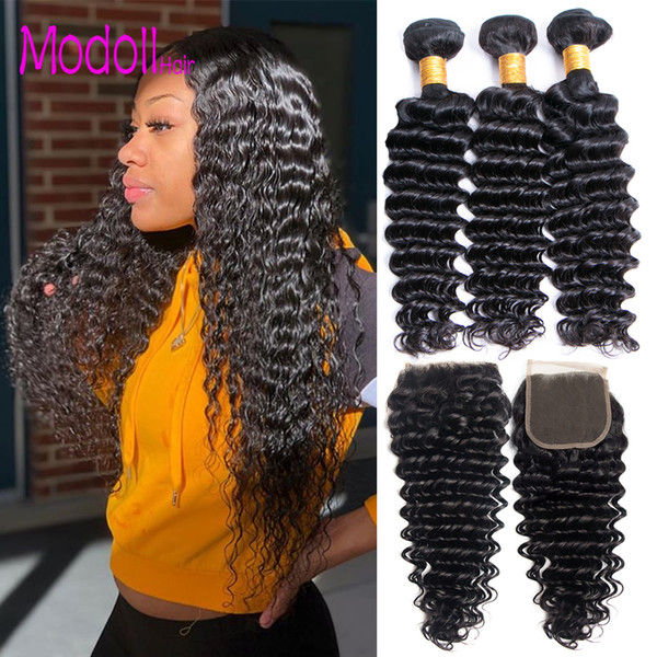 Peruvian Deep Wave Bundles with Closure Wet and Wavy Remy Human Hair 3/4 Bundles with Closure Mink Peruvian Virgin Hair Weave Bundles