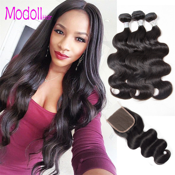 Peruvian Body Wave Hair Weave Bundles With Closure Baby Hair Pre Pluck Lace Closure With Human Hair Bundles 5pcs Color Natural Black