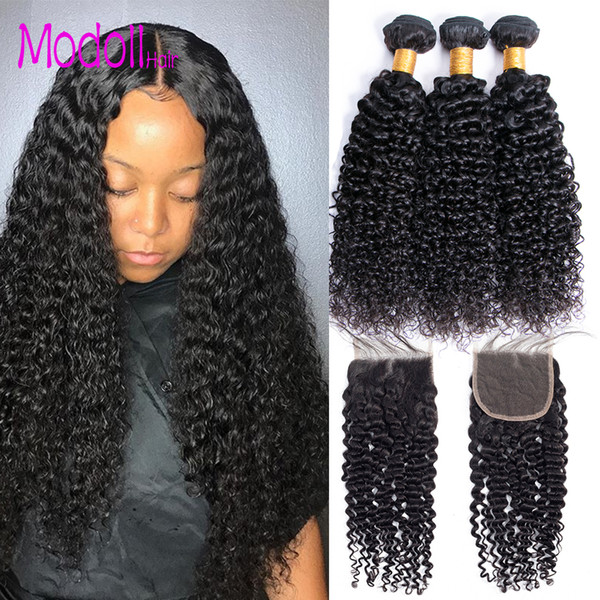 Mongolian Kinky Curly Human Hair Bundles with Closure Jerry Curly Virgin Human Hair Weave 3 Bundles With Closure Curly Remy Hair Bundles