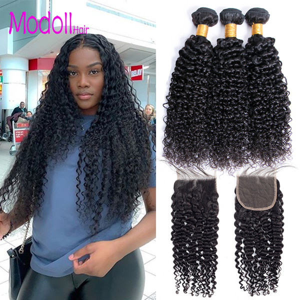 Brazilian Kinky Curly Human Hair Bundles With Closure 100% Virgin Human Hair Weave Bundles With Closure Remy Hair Bundles With Closure