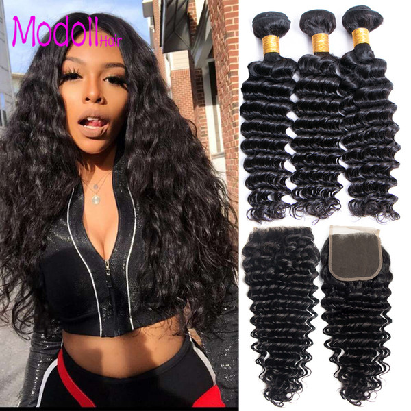 Indian Deep Wave Virgin Hair With Closure Remy Human Hair 4/3 Bundles With Closure Indain Deep Wave Bundles With Closure