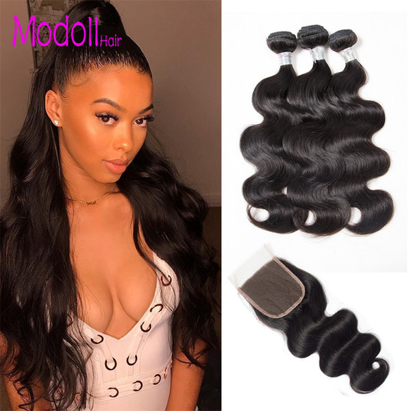 Brazilian Human Hair Bundles With Closures 10A Grade Body Wave Virgin Human Hair 3/4 Bundles With Lace Closures Unprocessed Body Wave