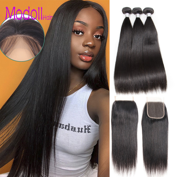 Straight Human Hair Bundles with Closure 100% Virgin Human Hair Bundles with Closure 8A Brazilian Unprocessed Hair Weave Bundles