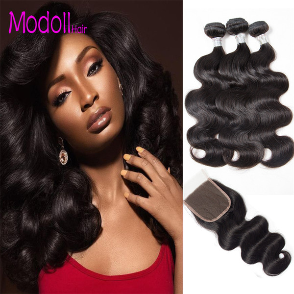 Indian Body Wave Hair 4 Bundles With Closure 100% Human Hair Raw Indian Remy Body Wave Hair and Lace Closure Deals