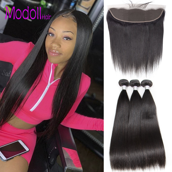 Peruvian Straight Human Hair Bundles With Lace Frontal Peruvian Virgin Hair Weave Straight Bundles Grade 9A 30 inch Bundles With Frontal