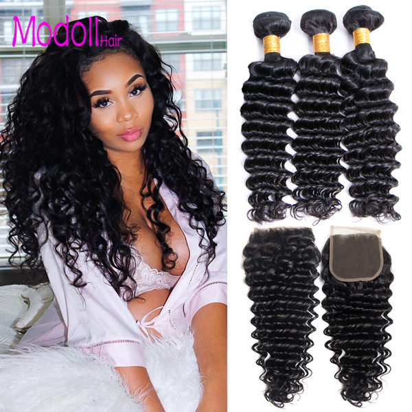 Indian Human Hair Weave Bundles With Closure Deep Wave Bundles With Closure Free/Middle Virgin Human Hair Bundles With Closure