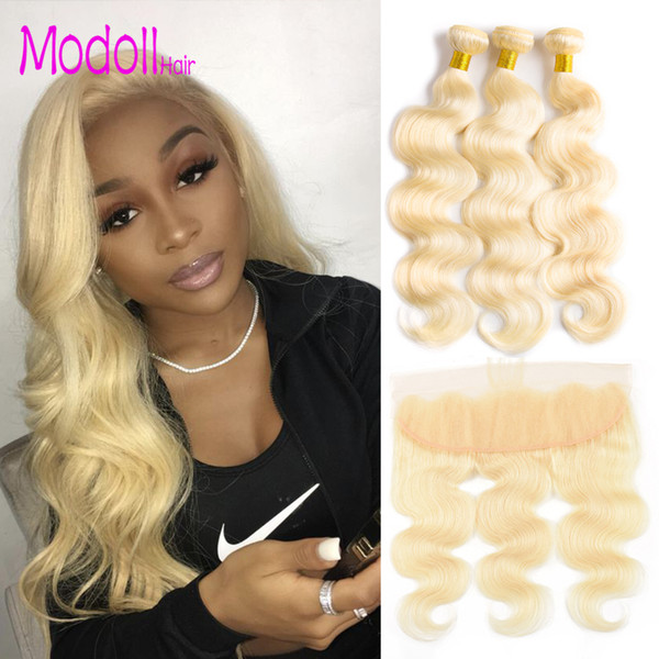 613 Blonde Bundles with Frontal Peruvian Body Wave Remy Blonde Human Hair Bundles with Pre Plucked Frontal Ear to Ear