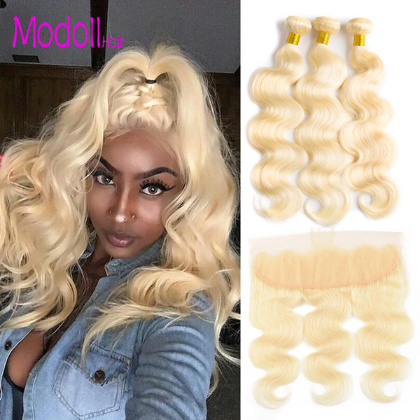 613 Bundles With Frontal Body Wave Peruvian Virgin Hair Weave 10A Grade 613 Blonde Body Wave 3/4 Bundles With Lace Frontal