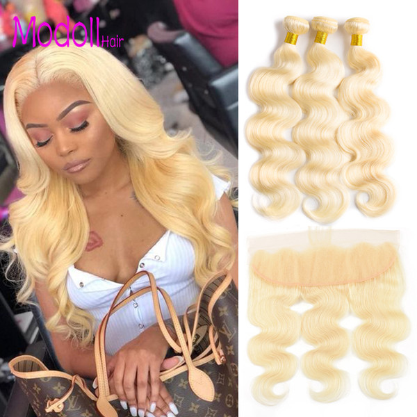 613 Blonde Human Hair Bundles With Frontal Brazilian Body Wave 3/4 Bundles With Frontal Remy Human Hair Blonde Bundles With Frontal Closure