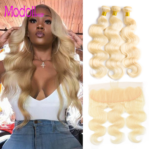 613 Bundles With Lace Frontal Brazilian Body Wave 3 Bundles With Closure Modoll Platinum Honey Blonde Remy Human Bundle Hair