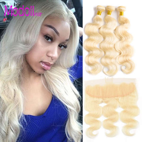 Modoll Hair 613 Blonde Bundles With Frontal Peruvian Body Wave Virgin Hair 13*4 Ear to Ear Swiss Lace Frontal Remy Human Hair