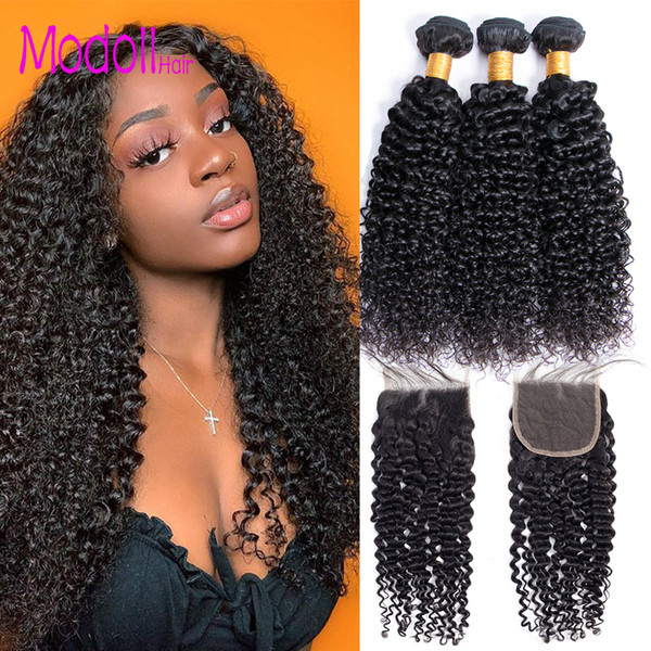 Indian Kinky Curly Human Hair Bundles With Closure Middle Brown HD Swiss Lace Closure Human Hair 3 Bundles With Closure Remy Hair Extension