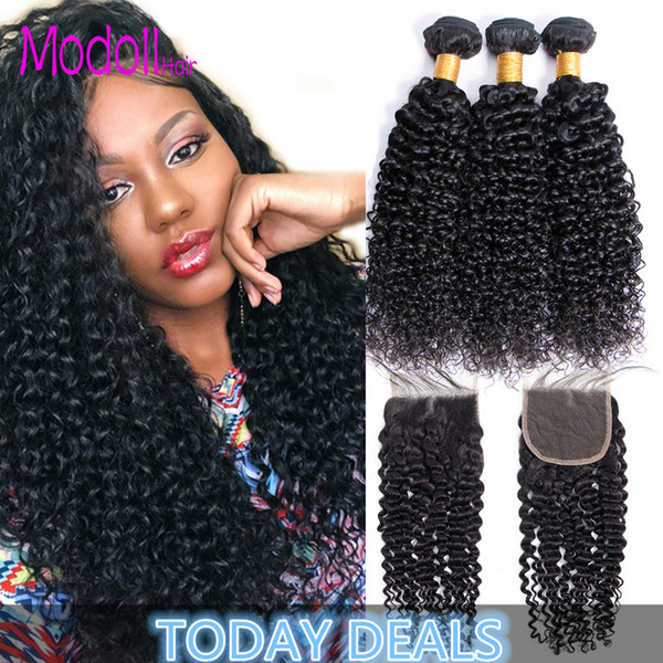 Kinky Curly Human Hair Bundles With Closure Peruvian Unprocessed Virgin Hair Jerry Curly 3/4 Bundles With Closure Remy Hair Extension 4PCS