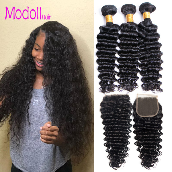 Brazilian Deep Wave Virgin Hair Bundles With Transparent Lace Closure Grace Hair 3/4 Bundles With Closure Remy Hair Bundles With Closure