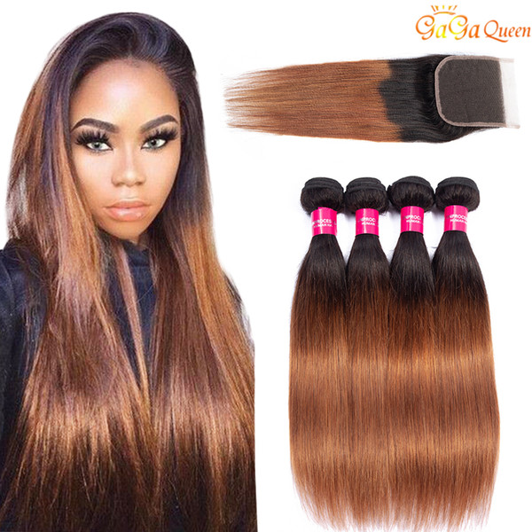 Unprocessed Peruvian Straight Ombre Hair Bundles With 4x4 Closure 1b 30 Lace Closure With Straight Human Hair Weaves