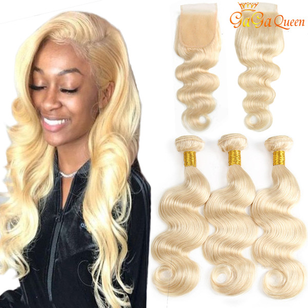 613 Brazilian Body Wave Hair Bundles With 4x4 Lace Closure Blonde Human Hair Extensions With Lace Closure