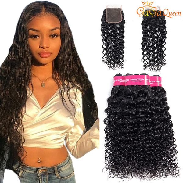 Indian water wave virgin hair with closure indian humman hair weaves with 4x4 closure water wave