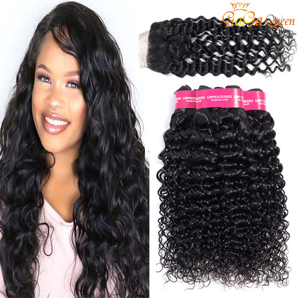 Peruvian Virgin Hair Water Wave With Closure 3 Bundles Peruvian Human Hair Weave With 4x4 Lace Closure