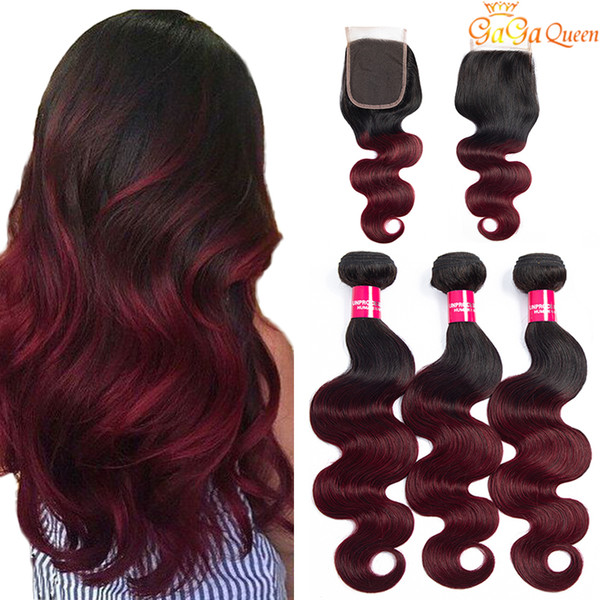 ombre body wave bundles with closure burgundy peruvian hair weave bundles with closure 1b/99j ombre human hair 3 bundles with closure