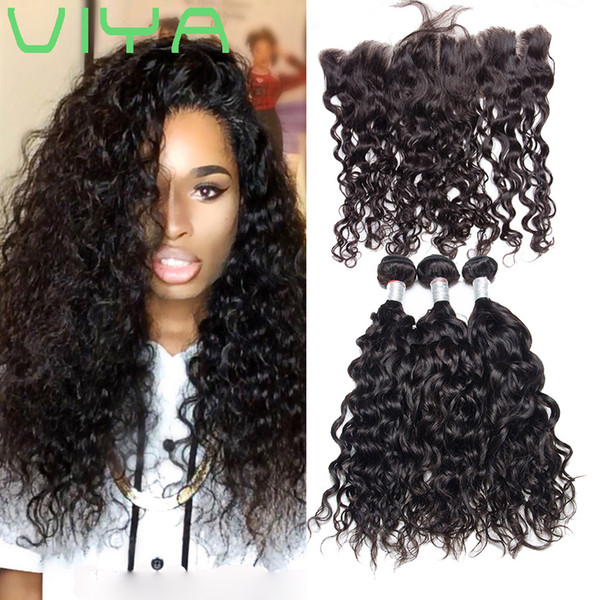 VIYA HAIR 7A Water Wave Malaysian Non-Remy Hair Bundles With Frontal Pre Plucked No Shedding No Tangle Natural Color 10-30inch 4pcs/lot Free