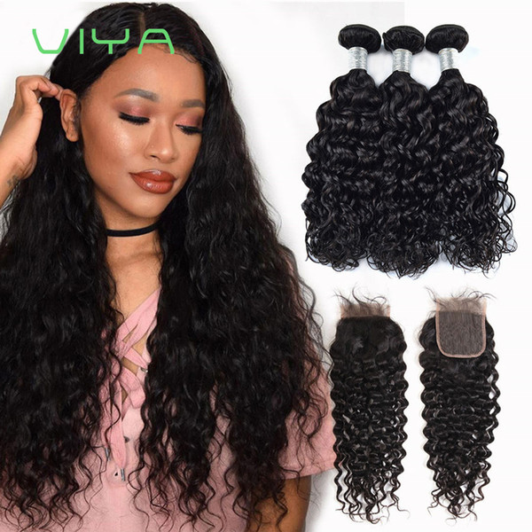 VIYA 9A Water Wave Peruvian Unprocessed Virgin Human Hair 3 Bundles With 4*4 Free Part Swiss Lace Closure Can Be Dyed Bleached And Colored