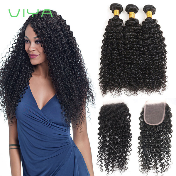 VIYA 8A Kinky Curly 3+1 Bundles With Closure Machine Double Weft Unprocessed Malaysian Virgin Human Hair No Shedding No Tangle