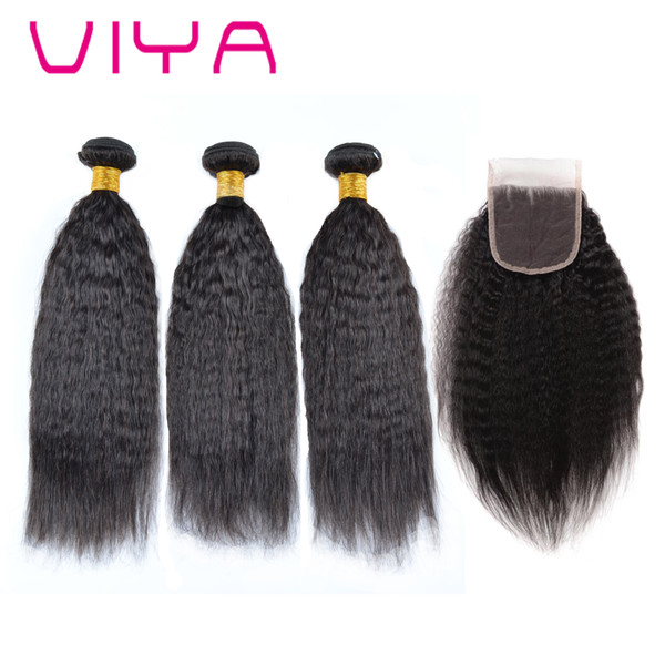 VIYA HAIR 8A Indian Yaki Human Hair Bundles With Closure 3 Bundles with 1 Pre Plucked 4X4 Lace Closure 10-30inch