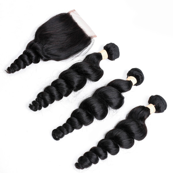 VIYA Loose Wave Brazilian Human Hair Extension 3 Bundles with 4*4inch Free Part Lace Closure Can Be Straightened and Curled Nice Texture