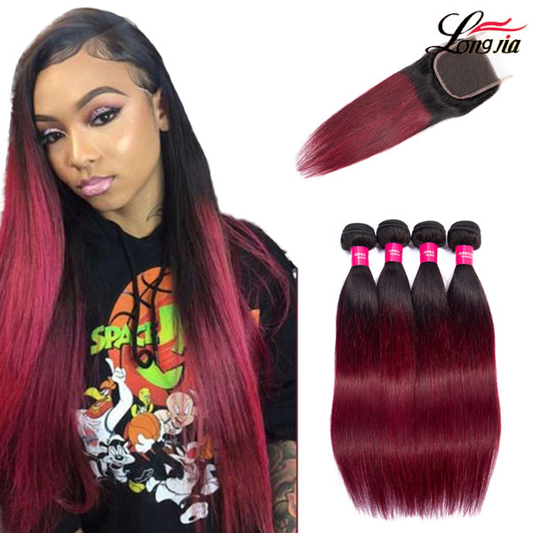 Peruvian human hair bundles with closure 4*4 1b/99j ombre straight hair with closure 3/4 bundles Peruvian straight virgin hair extension