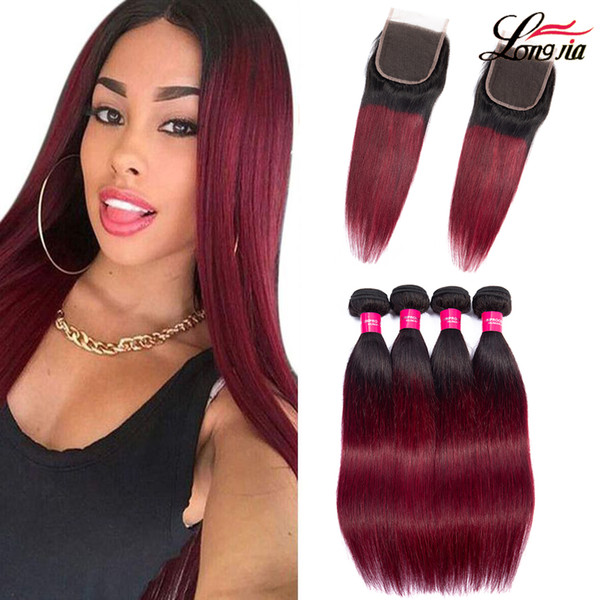 Malaysian ombre human hair bundles with closure 1b/99j closure with straight hair bundles Malaysian human hair extension