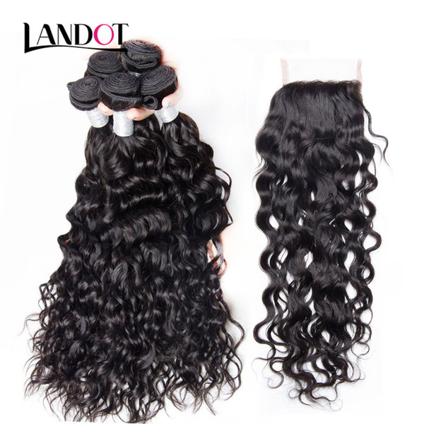 8A Lace Closure With 3 Bundles Brazilian Water Wave Curly Virgin Human Hair Weaves Peruvian Indian Malaysian Cambodian Hair Natural Color